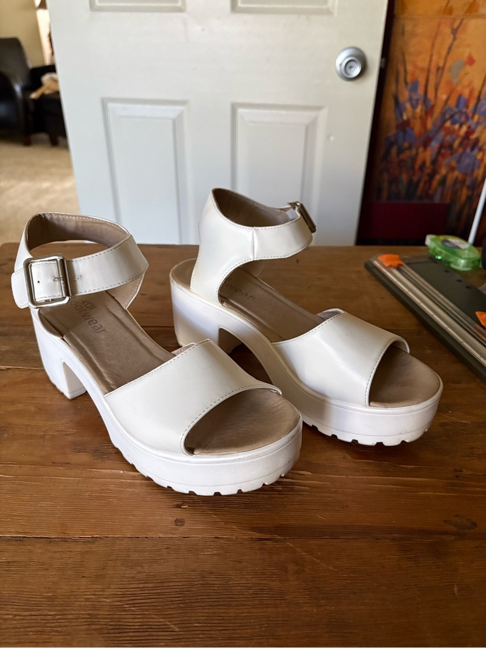 Cream Platform Ankle-Strap Sandals with Buckle
